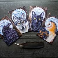 4 x A6 greeting cards, Full moon series, black cat, wolf, owl, raven.