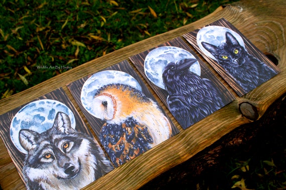 4 x A5 art prints, Full Moon series, black cat, raven, owl, wolf
