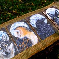 4 x A5 art prints, Full Moon series, black cat, raven, owl, wolf