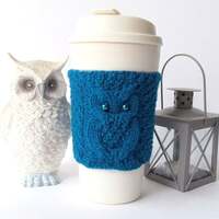 Blue Green Owl Cup Cozy, Hand Knit Coffee Mug Cozy