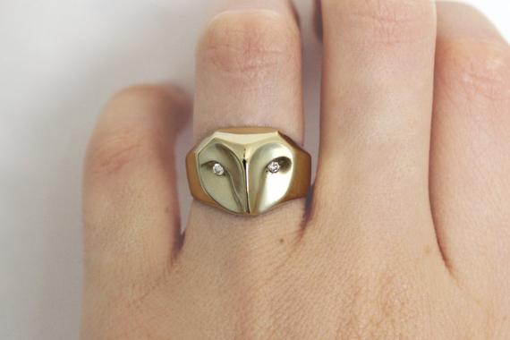 Gold Barn Owl ring with diamonds for eyes