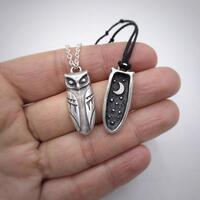 Sterling Silver Horned Owl Pendant / Necklace / Double sided /...