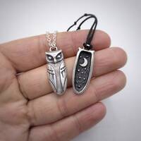 Owl Necklace / Sterling Silver Owl Pendant / Horned Owl / Gift for Night Owl / Moon and star...