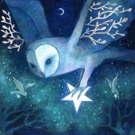 SALE! Limited edition giclee print titled "The Gathering of Stars" by Amanda Clark - owl art print, fairytale art print, miniature artwork