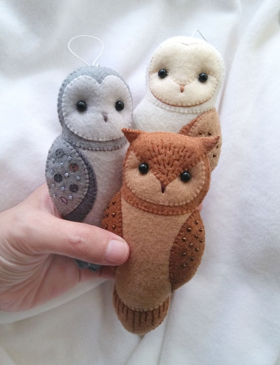 FREE SHIPPING Set of 3 Felt Owl Hanging Toy, Winter Themed Decoration, Collectible Felt Animals Baby Woodland Nursery Decor