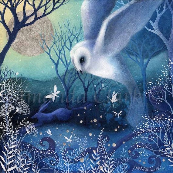 Limited edition giclee print titled "Silver Light" by Amanda Clark - owl art print, fairytale art print, landscape art, woodland print