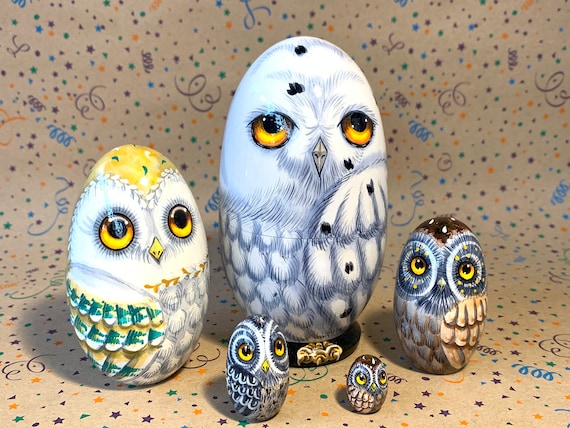 Owls Nesting Egg 5 pcs 14 cm/5.5 '', Matryoshka Owl Hand Painted, Owl Home Decor, Eco Wooden Animal Doll, Personalised Gift for Dad