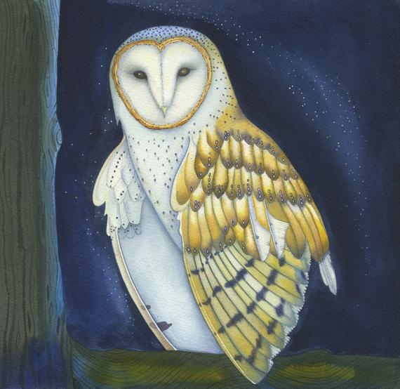 Fine art print of an original mixed media painting: The Winter Owl