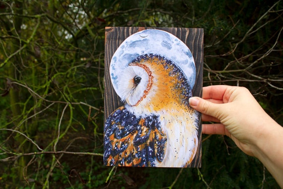 A5 art print, barn owl , recycle card, Full moon series