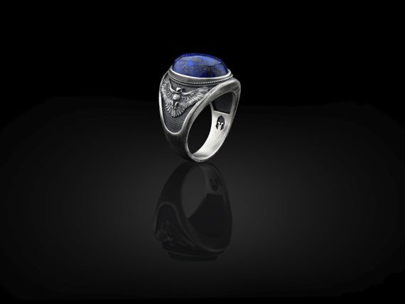 Silver Lapis Lazuli Owl Mens Ring