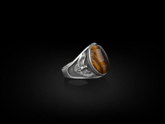 Silver Winged Owl Ring, Tiger Eye Gemstone