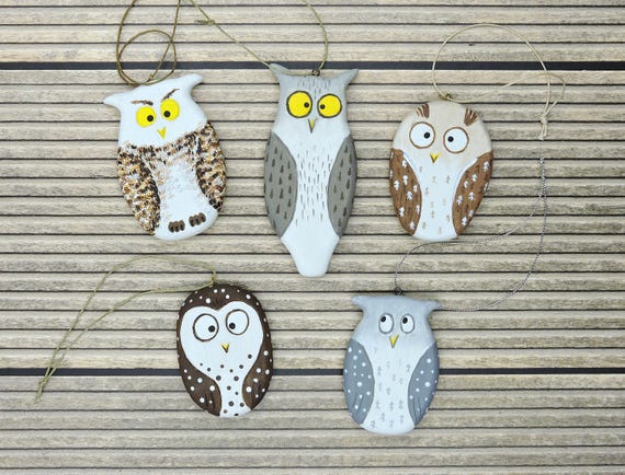 5 Funny Owls Set; Wooden Owl Ornaments.