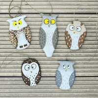 5 Funny Owls Set; Wooden Owl Ornaments.