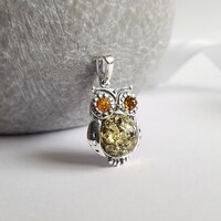 Small Amber Owl Sterling Silver Pendant