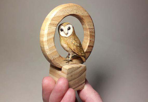 Small Barn Owl sculpture, hand carved wooden owl ornament gift