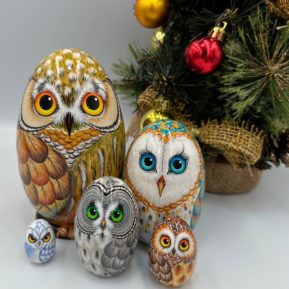 New Owl Nesting doll Matryoshka Egg 5 pcs 14cm/5,5 inch Hand Made Kids Wooden Toys, Room Decor, Home Decor, Wooden Animal Toys,Gift for Mom