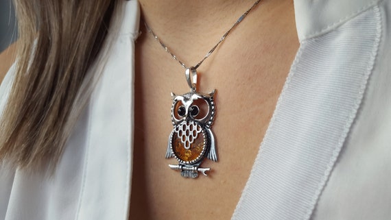 Statement Baltic Amber Owl Necklace, Silver and Amber Owl Necklace, Owl Graduation Gift, Silver Owl Jewelry, Amber Owl Pendant Charm, Owl