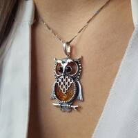Statement Baltic Amber Owl Necklace, Silver and Amber Owl Necklace, Owl Graduation Gift, Sil...