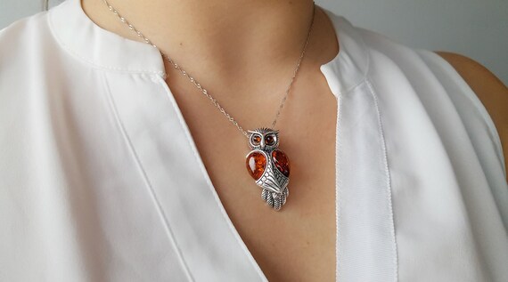 Amber & Silver Owl Necklace, Amber Owl Jewelry, Owl Graduation Gift, Amber Pendant, Baltic Amber Owl Necklace, Teacher Gift, Book Lover Gift