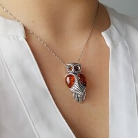 Amber & Silver Owl Necklace, Amber Owl Jewelry, Owl Graduation Gift, Amber Pendant, Balt...
