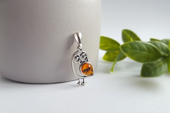 Amber and Sterling Silver Owl Pendant, Small Amber Stone Necklace, Baltic Amber Owl, Fashion Owl Jewelry, Silver Owl Charm, Graduation Gift