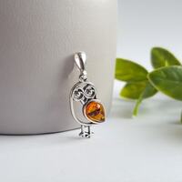 Amber and Sterling Silver Owl Pendant, Small Amber Stone Necklace, Baltic Amber Owl, Fashion...