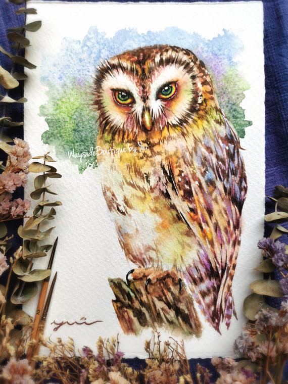 Owl - ORIGINAL watercolor painting 7.5x11 inches