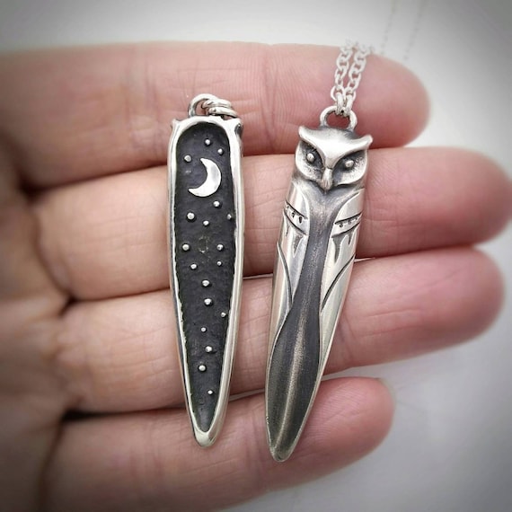 Owl Necklace / Sterling Silver Owl Pendant / Great Horned Owl / Gift for Night Owl / Moon and stars on the back side / Double sided