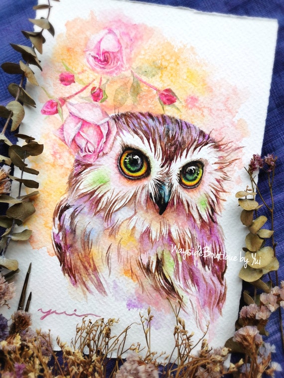 Owl original watercolor painting 7.5x11 inches