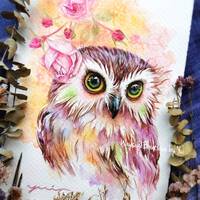 Owl original watercolor painting 7.5x11 inches
