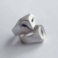 Sterling Silver Barn Owl Ring with Blue Sapphire Eyes
