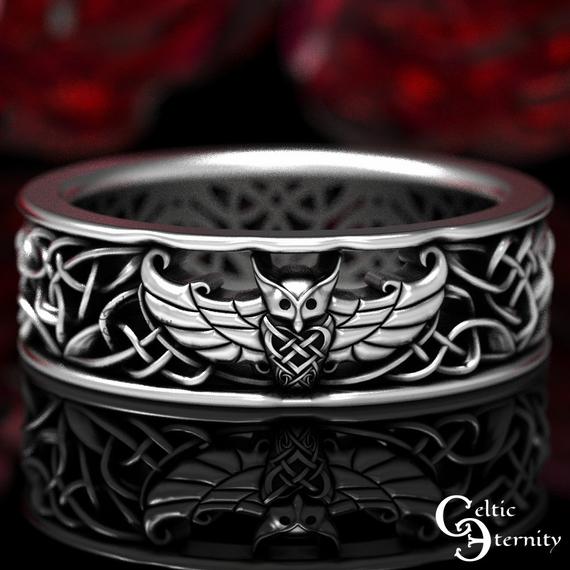 Viking Owl Ring, Celtic Sterling Wedding Band