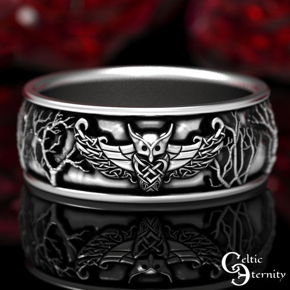 Celtic Owl Sterling Wedding Band