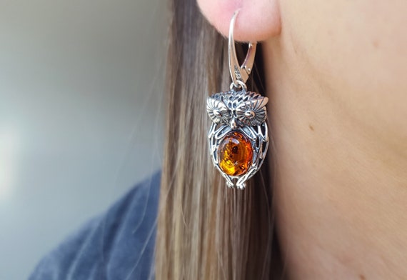Dangle Amber Owl Earrings, Silver and Amber Owl Earrings, Amber Stone Drop Earrings, Silver Owl Jewelry, Owl Graduation Gift, Amber Earrings