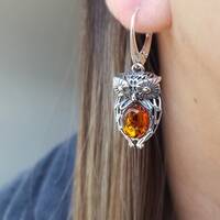 Dangle Amber Owl Earrings, Silver and Amber Owl Earrings, Amber Stone Drop Earrings, Silver ...