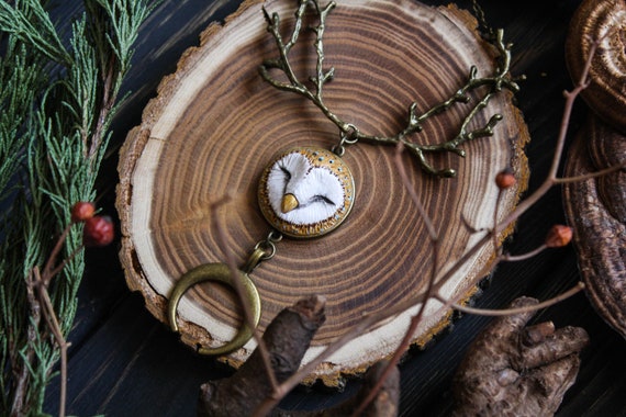 Barn Owl Forest Necklace, Witch Owl Charm, Wicca Owl Necklace, Bird Jewelry, Magic Owl Pendant, Fantasy Owl Charm
