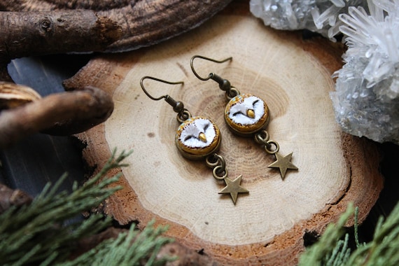 Owl Starry Earrings, Barn Owl Dangle and Drop Earrings, Bird Jewelry, Woodland Witchy Earrings