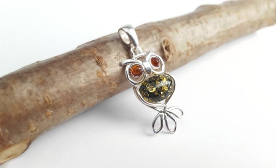 Small Amber Owl Pendant, Owl Necklace, Owl Pendant, Green Owl Pendant, Owl Charm, Sterling Silver Owl Pendant, Animal Pendant, Amber Animal