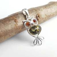 Small Amber Owl Pendant, Owl Necklace, Owl Pendant, Green Owl Pendant, Owl Charm, Sterling S...