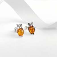 Small Baltic Amber Owl Earrings, Genuine Amber Owl Earrings, Silver and Amber Owl Studs, Sma...