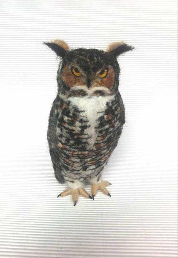 Needle felted Great Horned Owl sculpture fiber art