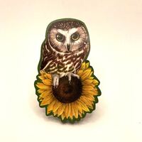 Saw Whet Owl and Sun Flower Wooden Pin, Badge, Brooch