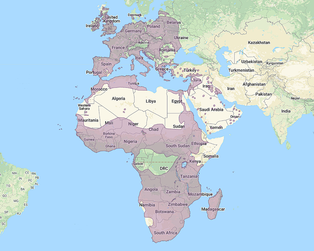 Range of Western Barn Owl (Tyto alba)