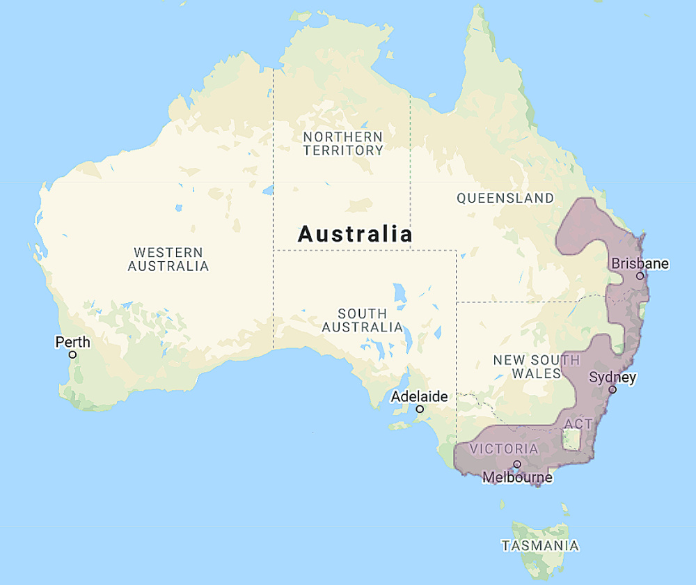 Range of Powerful Owl (Ninox strenua)