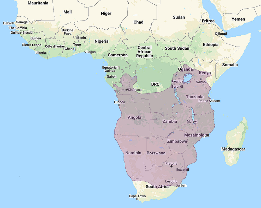 Range of Southern White-faced Owl (Ptilopsis granti)